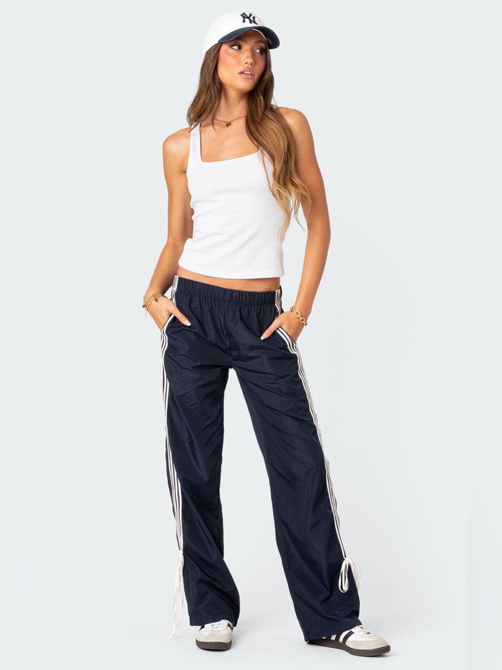 NWT Edikted Remy Bow Ribbon Track Pants Navy Blue size Small